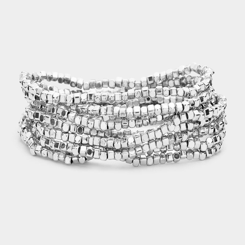 9 pc Cut Bead Stretch Bracelet- Silver