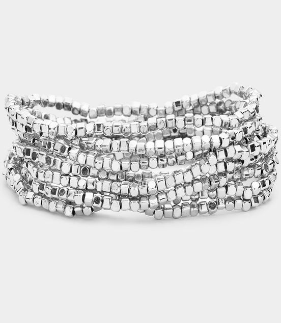 9 pc Cut Bead Stretch Bracelet- Silver