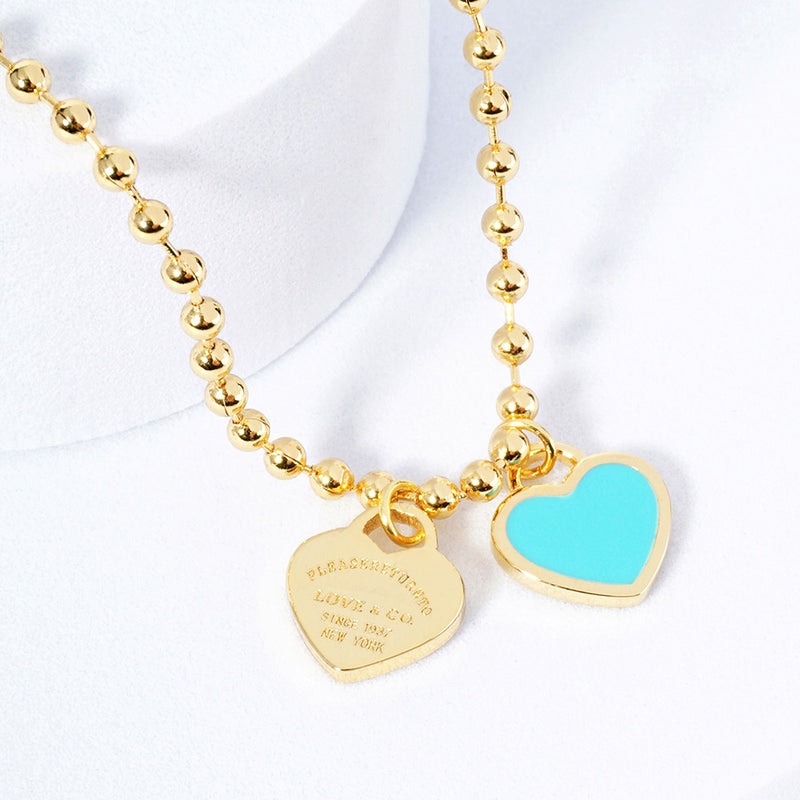 Double Hearts on Ball Chain-Gold/Turquoise