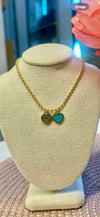Double Hearts on Ball Chain-Gold/Turquoise
