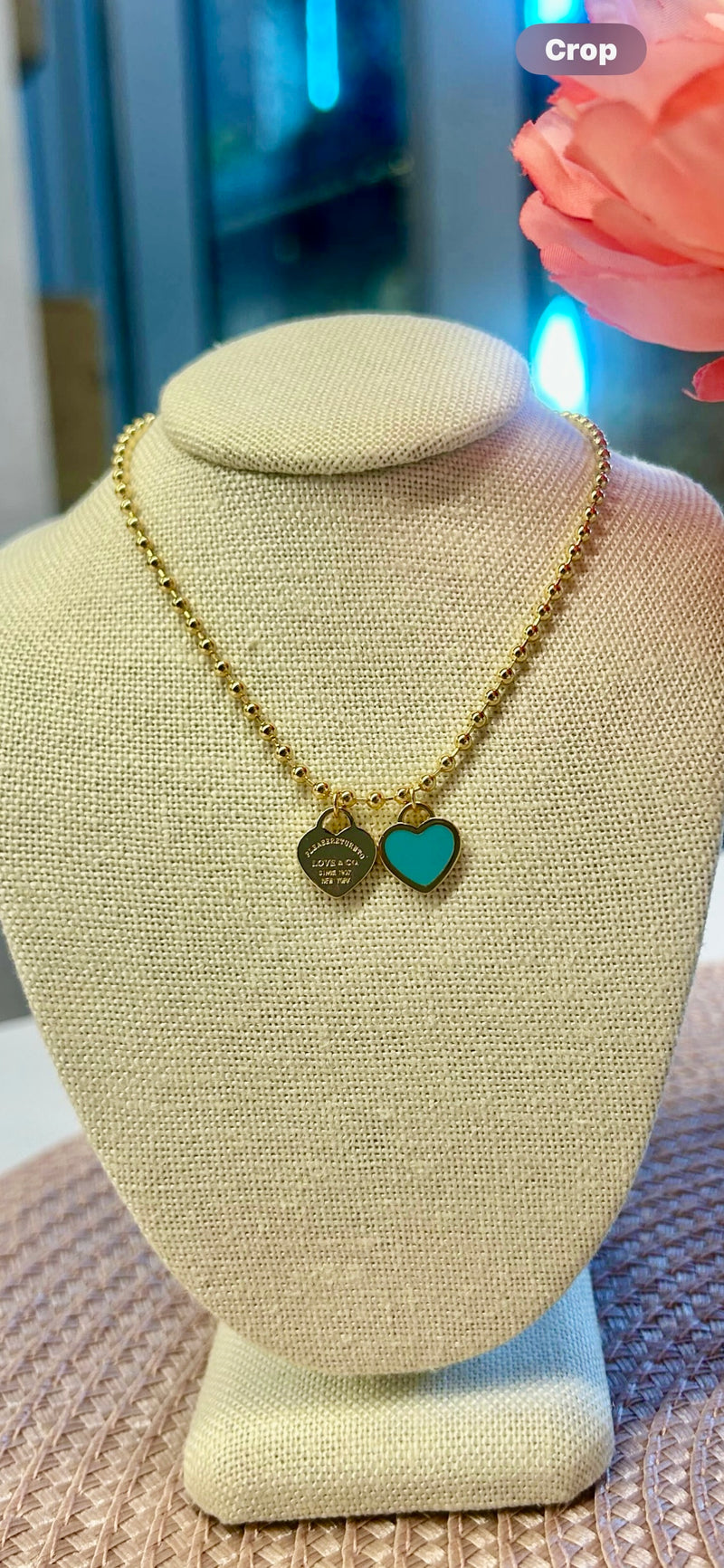 Double Hearts on Ball Chain-Gold/Turquoise