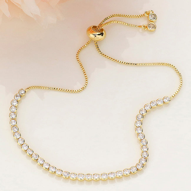 CZ Bezel Adjustable Pull Tie Bracelet-Gold