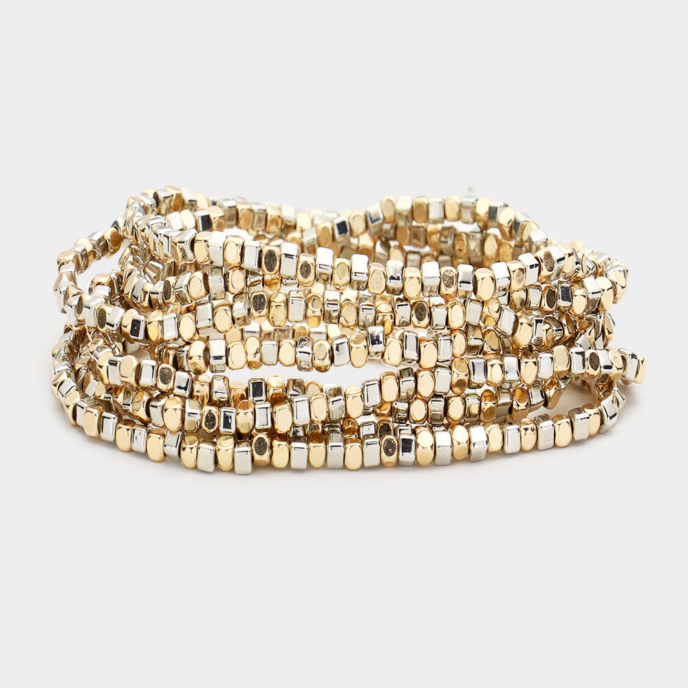 9 pc Cut Bead Stretch Bracelet- Gold/Silver