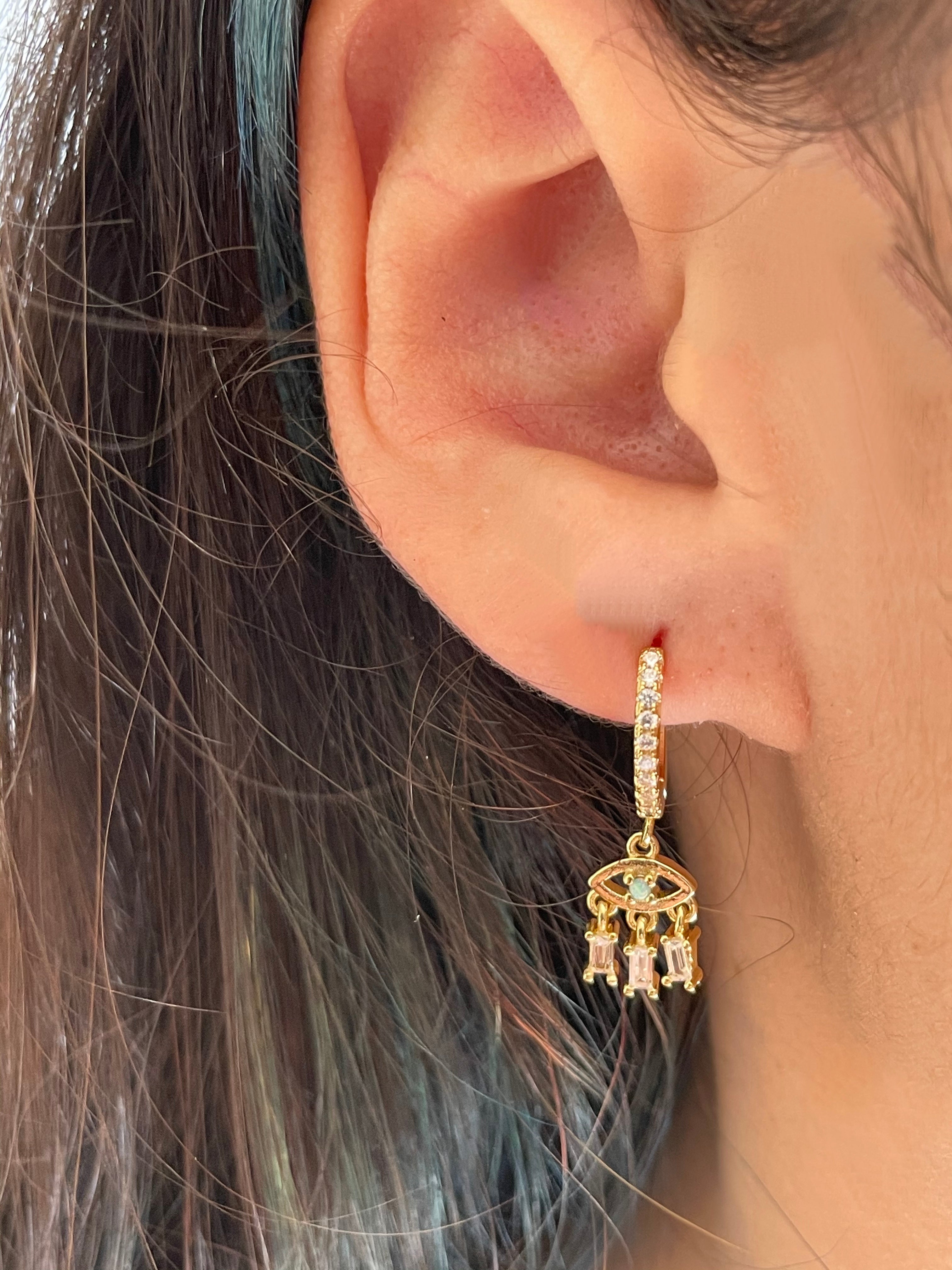 Gold CZ Evil Eye Dangle Earring