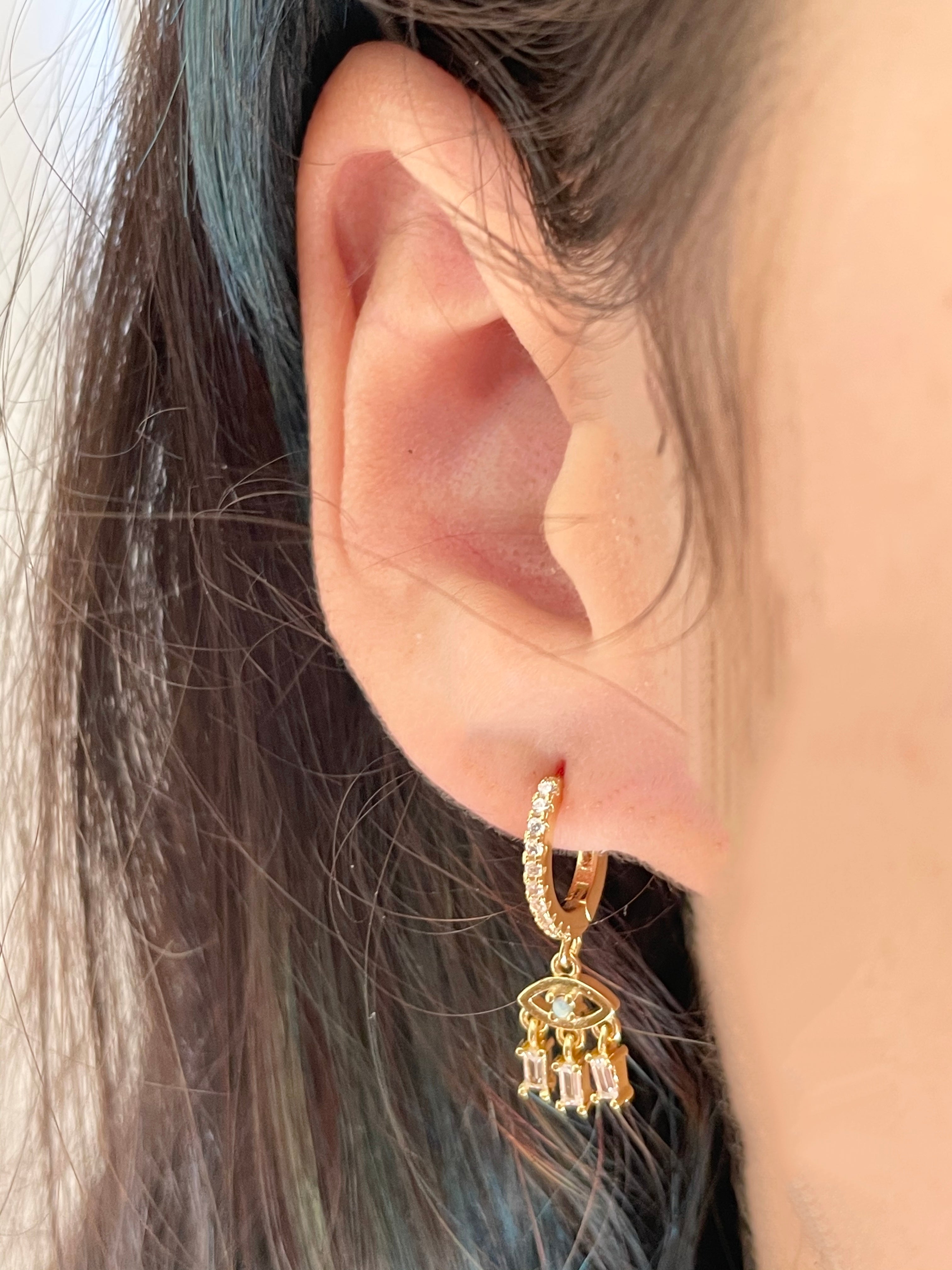 Gold CZ Evil Eye Dangle Earring