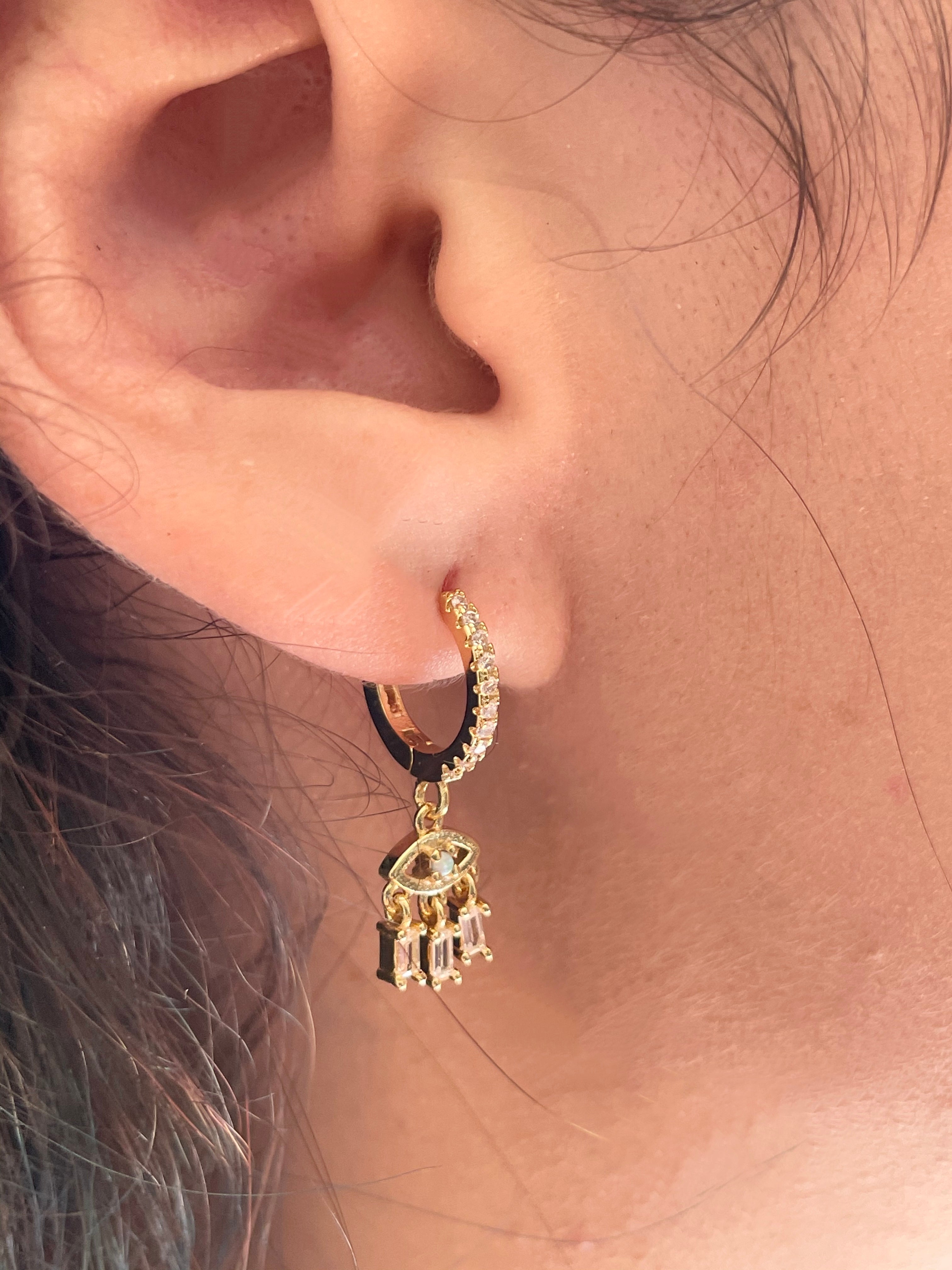 Gold CZ Evil Eye Dangle Earring
