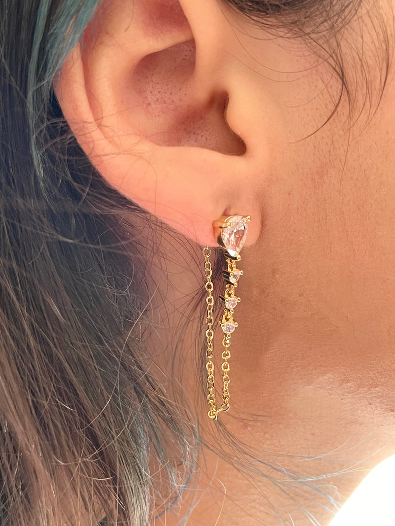 Gold Teardrop CZ Chain Earring
