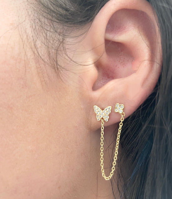 Gold CZ Pave Double Post Butterfly Earring