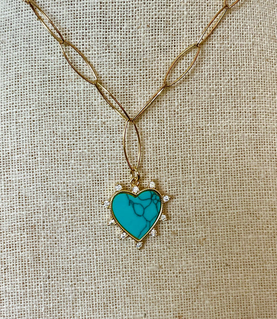 Turquoise Crystal Studded Heart Necklace