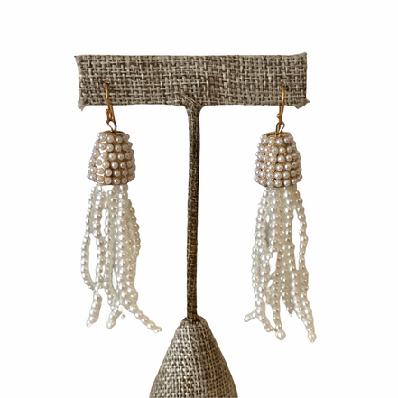Beaded Fringe Earring-Pearl