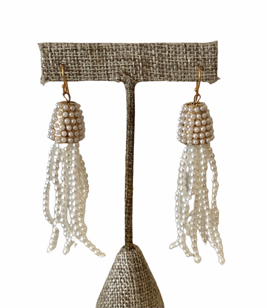 Beaded Fringe Earring-Pearl