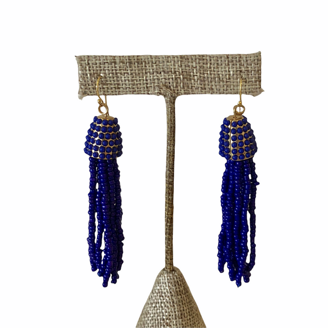 Beaded Fringe Earring-Cobalt