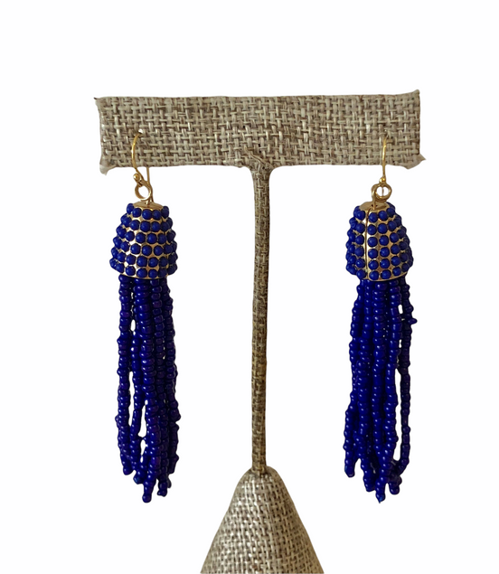 Beaded Fringe Earring-Cobalt