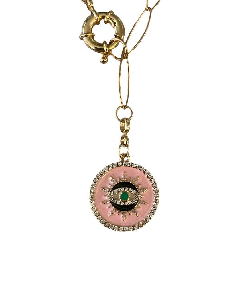 Pink Enamel Evil Eye Drop Necklace