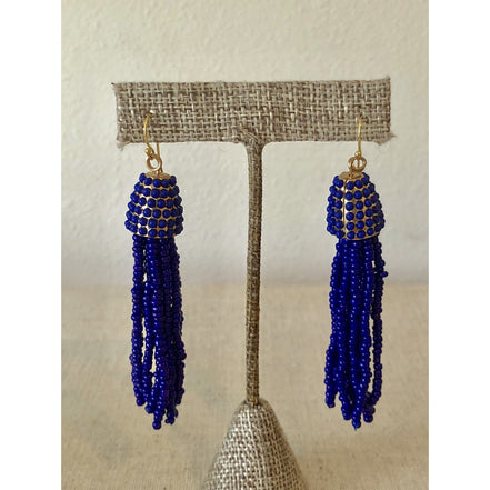 Beaded Fringe Earring-Cobalt