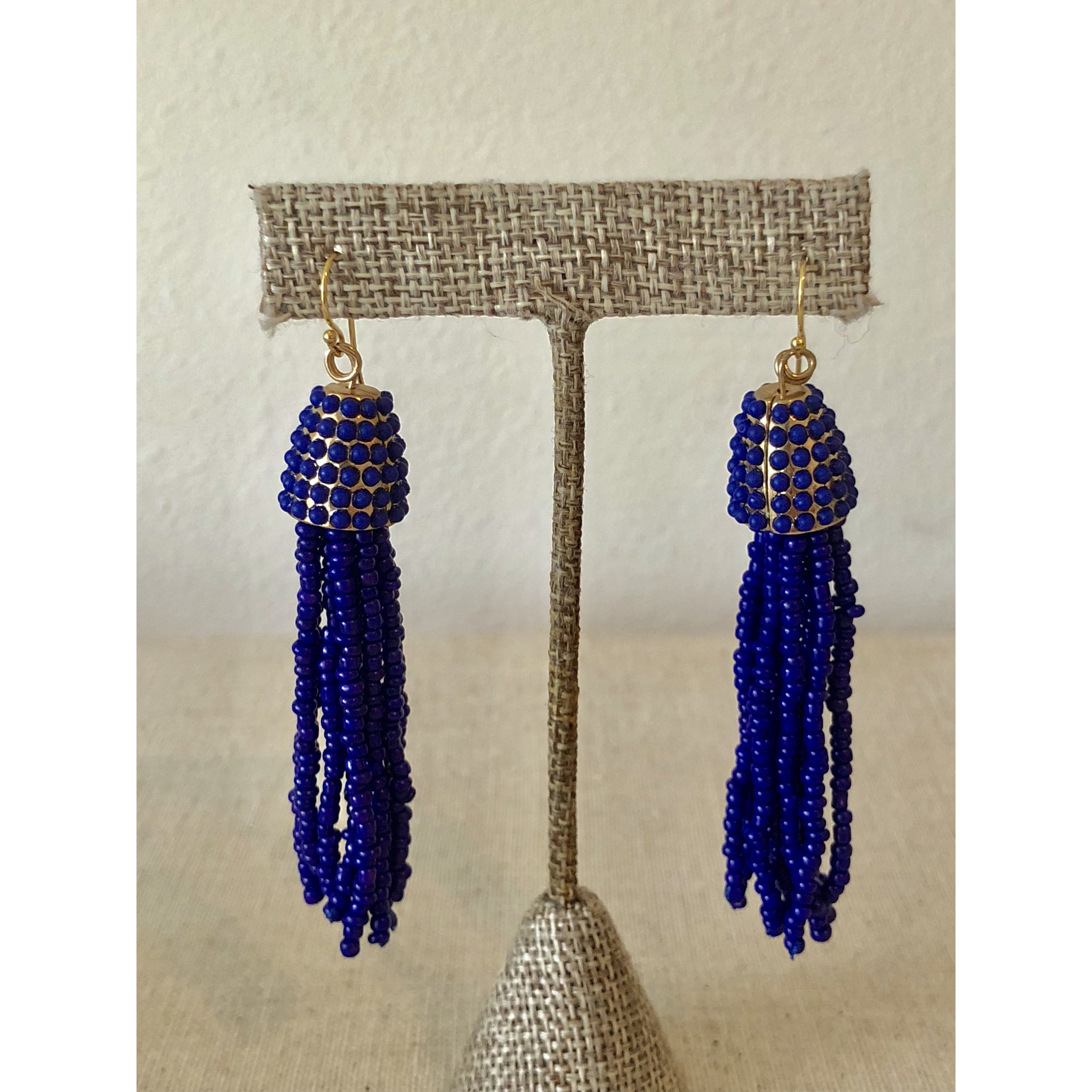 Beaded Fringe Earring-Cobalt