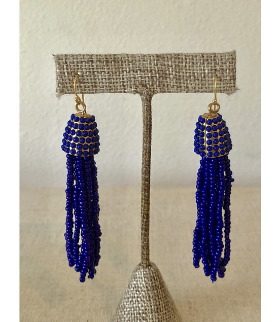 Beaded Fringe Earring-Cobalt