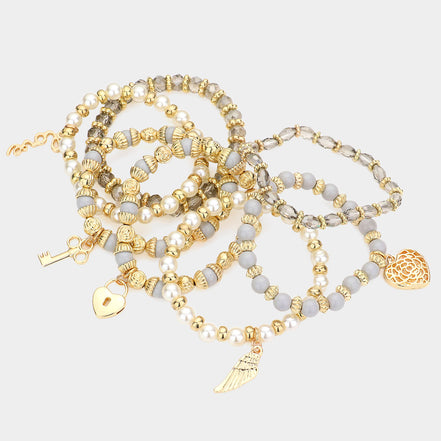 Heart & Angel Wing Pearl/Grey Beaded Stack