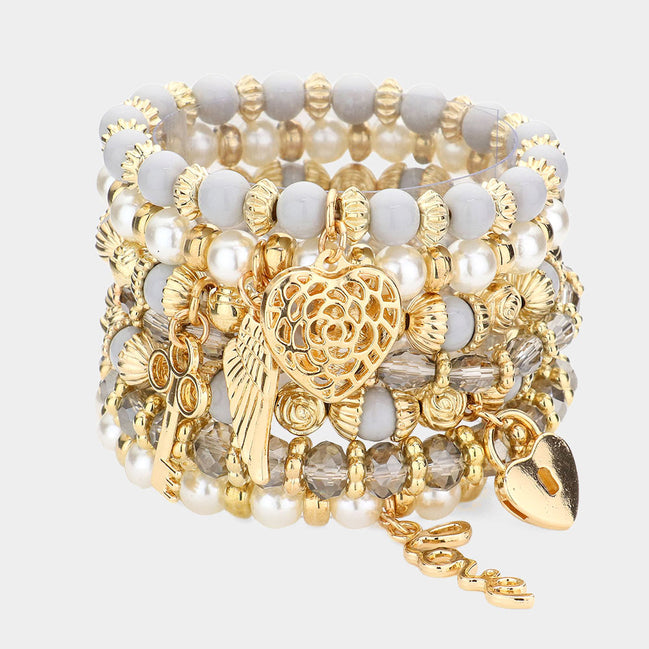 Heart & Angel Wing Pearl/Grey Beaded Stack