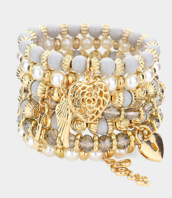 Heart & Angel Wing Pearl/Grey Beaded Stack