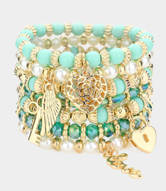 Heart & Angel Wing Mint Green Beaded Stack
