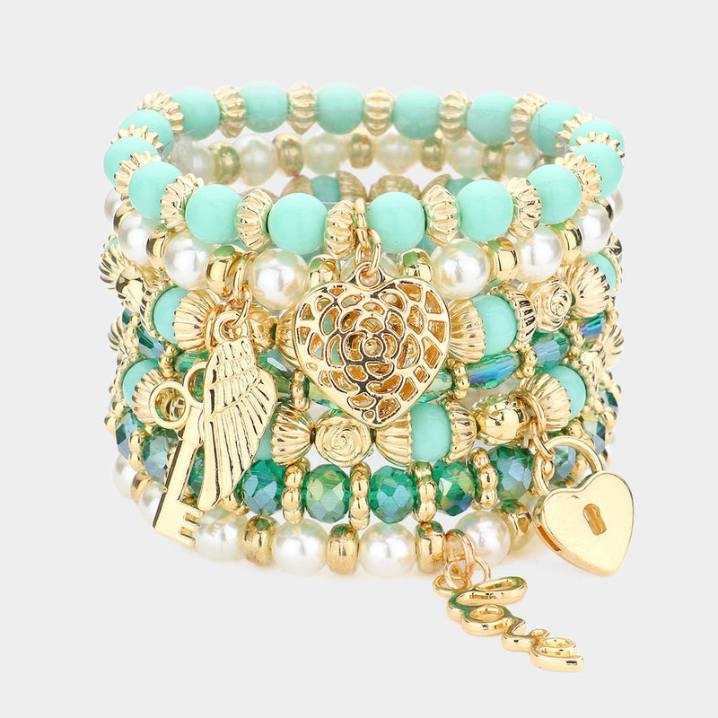 Heart & Angel Wing Mint Green Beaded Stack