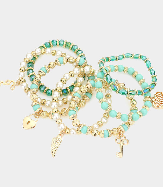 Heart & Angel Wing Mint Green Beaded Stack